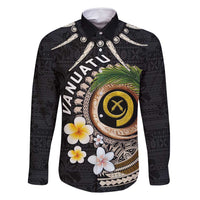 Vanuatu Independence Day Family Matching Summer Maxi Dress and Hawaiian Shirt Melanesian Tribal Pig Tusk with Tropical Plants LT03 Dad's Shirt - Long Sleeve Black - Polynesian Pride