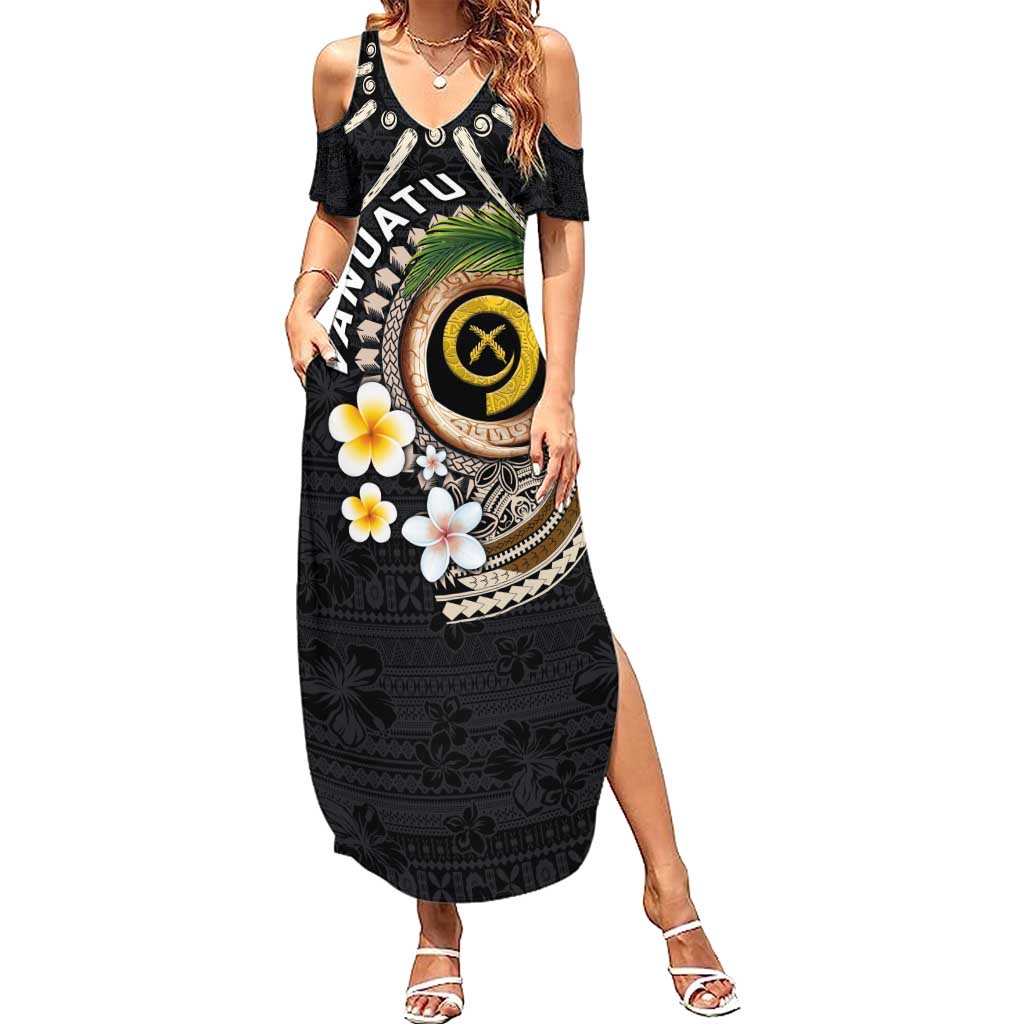 Vanuatu Independence Day Family Matching Summer Maxi Dress and Hawaiian Shirt Melanesian Tribal Pig Tusk with Tropical Plants LT03 Mom's Dress Black - Polynesian Pride