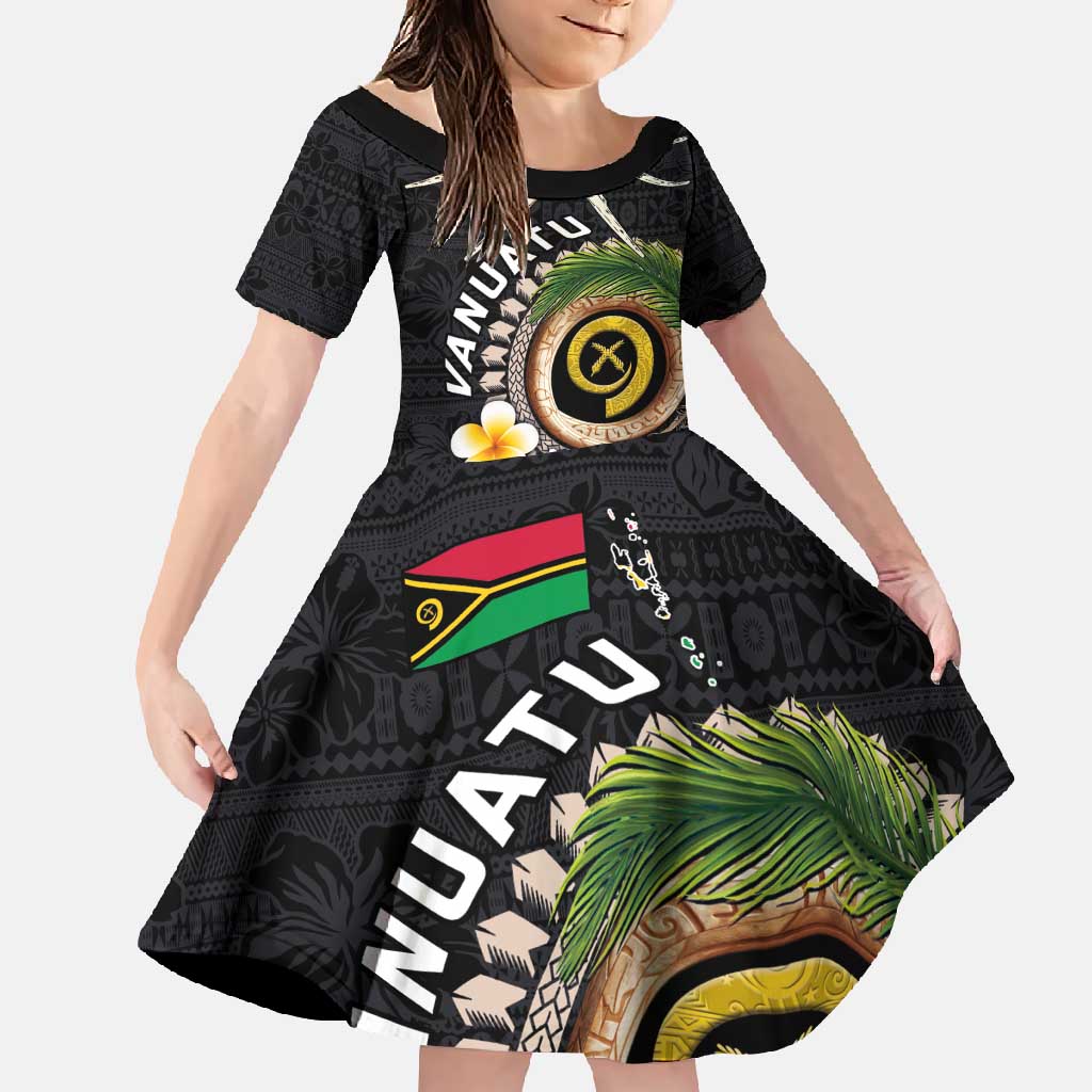 Vanuatu Independence Day Family Matching Tank Maxi Dress and Hawaiian Shirt Melanesian Tribal Pig Tusk with Tropical Plants LT03 Daughter's Dress Black - Polynesian Pride