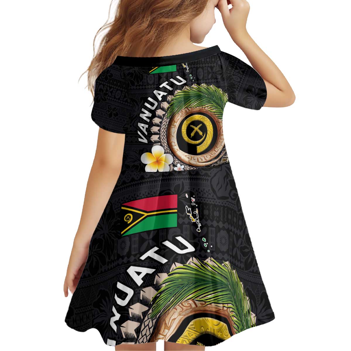 Vanuatu Independence Day Kid Short Sleeve Dress Melanesian Tribal Pig Tusk with Tropical Plants