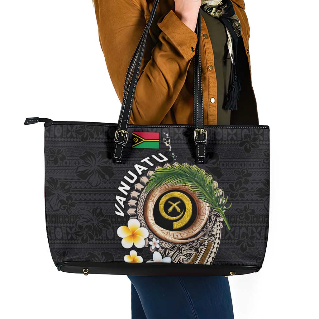 Vanuatu Independence Day Leather Tote Bag Melanesian Tribal Pig Tusk with Tropical Plants
