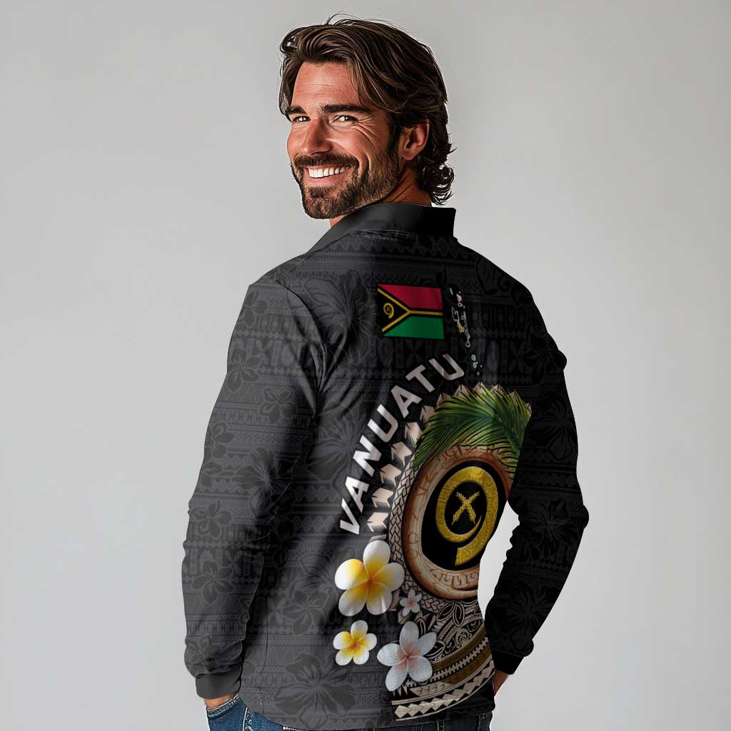 Vanuatu Independence Day Long Sleeve Polo Shirt Melanesian Tribal Pig Tusk with Tropical Plants