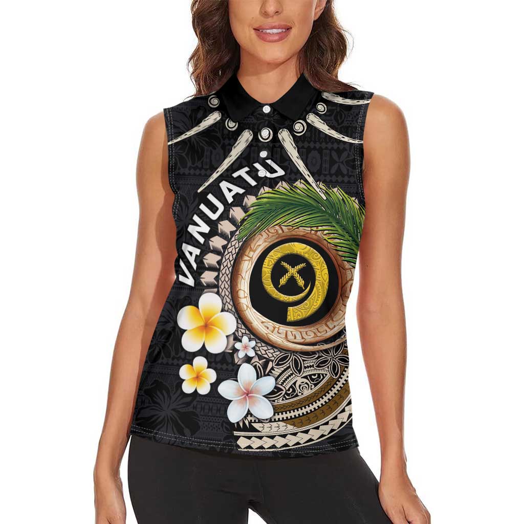 Vanuatu Independence Day Women Sleeveless Polo Shirt Melanesian Tribal Pig Tusk with Tropical Plants LT03 - Polynesian Pride