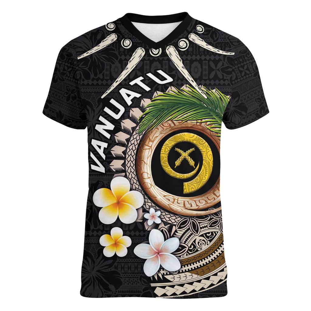 Vanuatu Independence Day Women V-Neck T-Shirt Melanesian Tribal Pig Tusk with Tropical Plants LT03 Female Black - Polynesian Pride