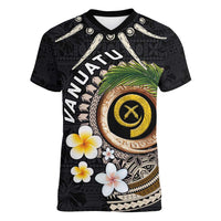 Vanuatu Independence Day Women V-Neck T-Shirt Melanesian Tribal Pig Tusk with Tropical Plants LT03 Female Black - Polynesian Pride