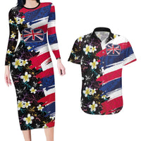 Hawaiian Flag Day Couples Matching Long Sleeve Bodycon Dress and Hawaiian Shirt Tropical Flowers and Leaves LT03 Black - Polynesian Pride