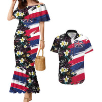 Hawaiian Flag Day Couples Matching Mermaid Dress and Hawaiian Shirt Tropical Flowers and Leaves LT03 Black - Polynesian Pride