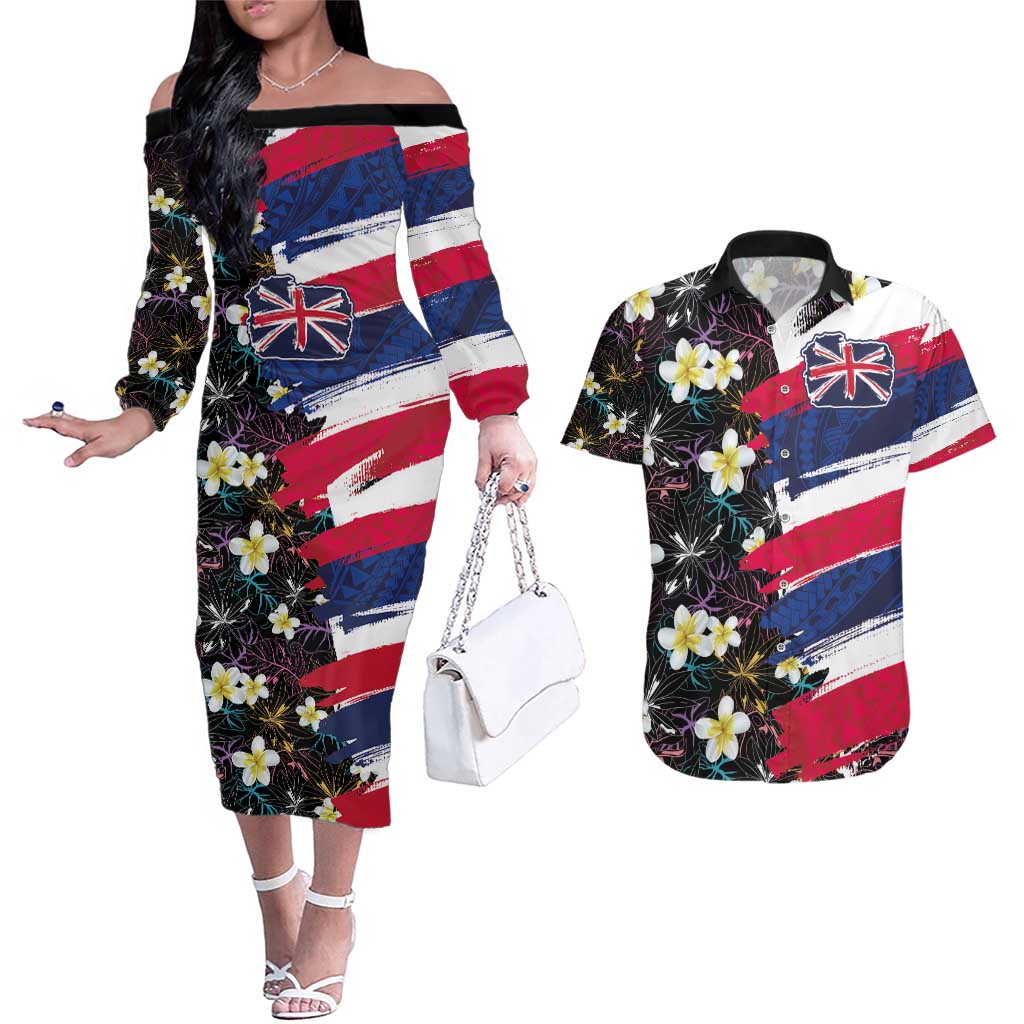 Hawaiian Flag Day Couples Matching Off The Shoulder Long Sleeve Dress and Hawaiian Shirt Tropical Flowers and Leaves LT03 Black - Polynesian Pride