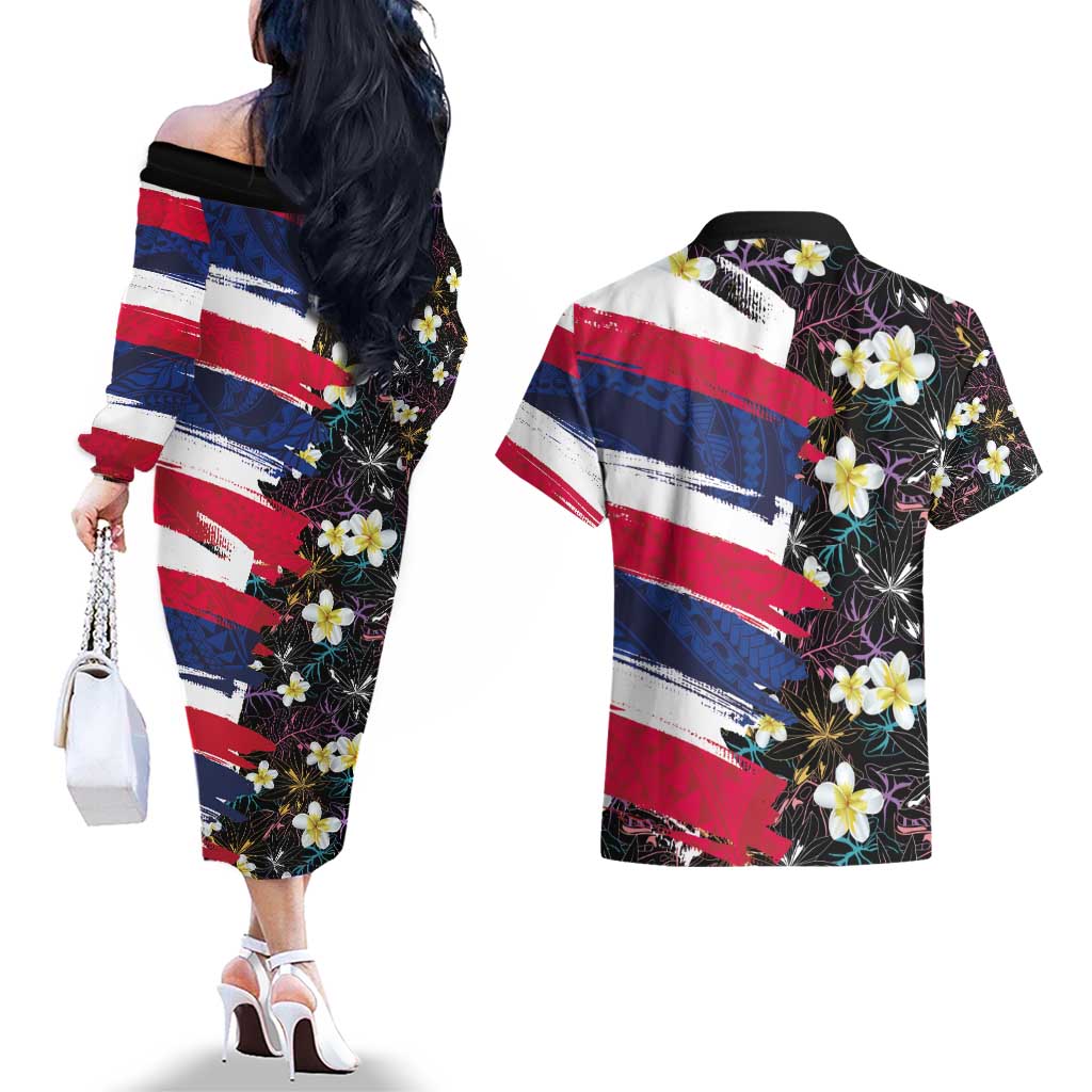 Hawaiian Flag Day Couples Matching Off The Shoulder Long Sleeve Dress and Hawaiian Shirt Tropical Flowers and Leaves LT03 - Polynesian Pride
