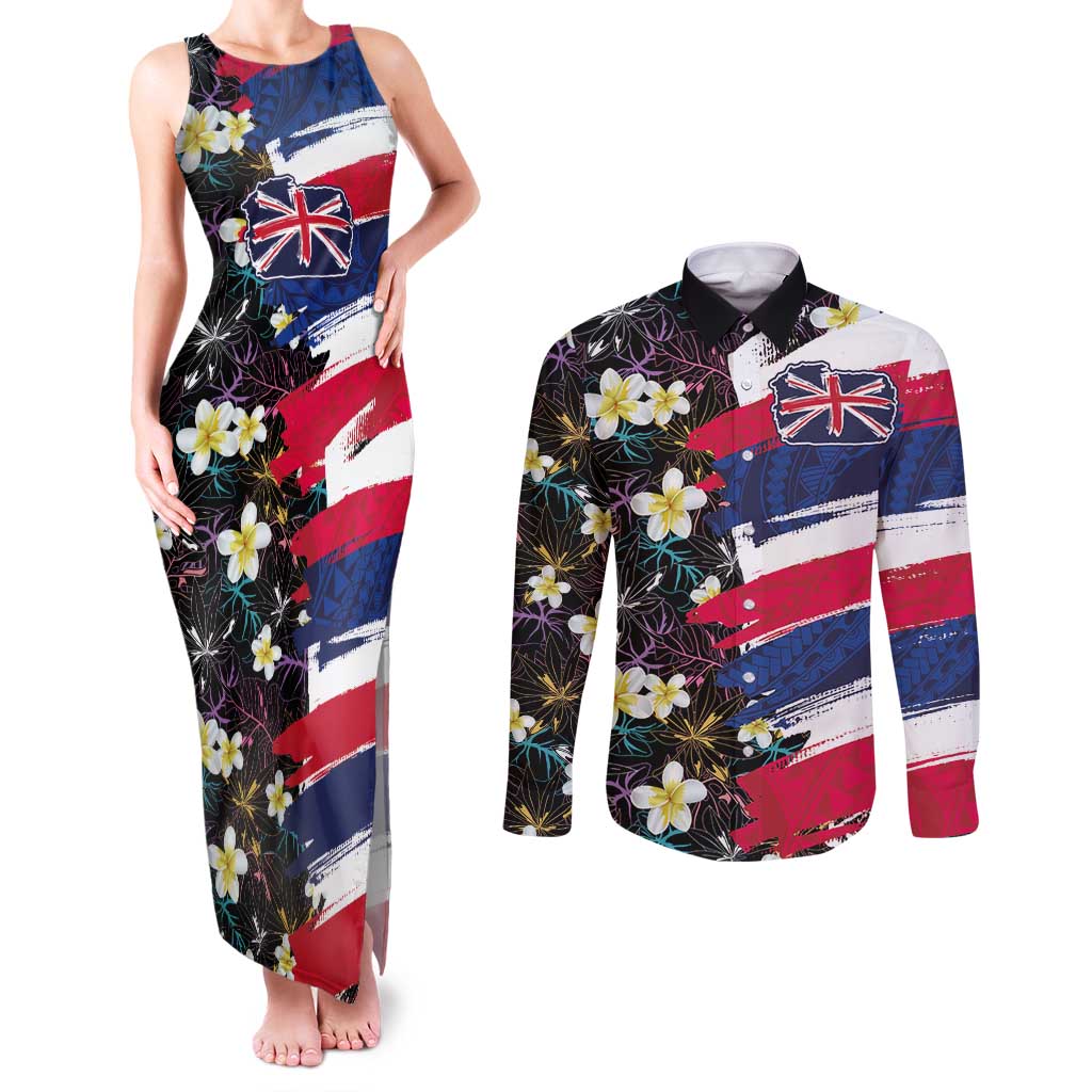Hawaiian Flag Day Couples Matching Tank Maxi Dress and Long Sleeve Button Shirt Tropical Flowers and Leaves