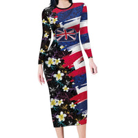 Hawaiian Flag Day Family Matching Long Sleeve Bodycon Dress and Hawaiian Shirt Tropical Flowers and Leaves LT03 Mom's Dress Black - Polynesian Pride