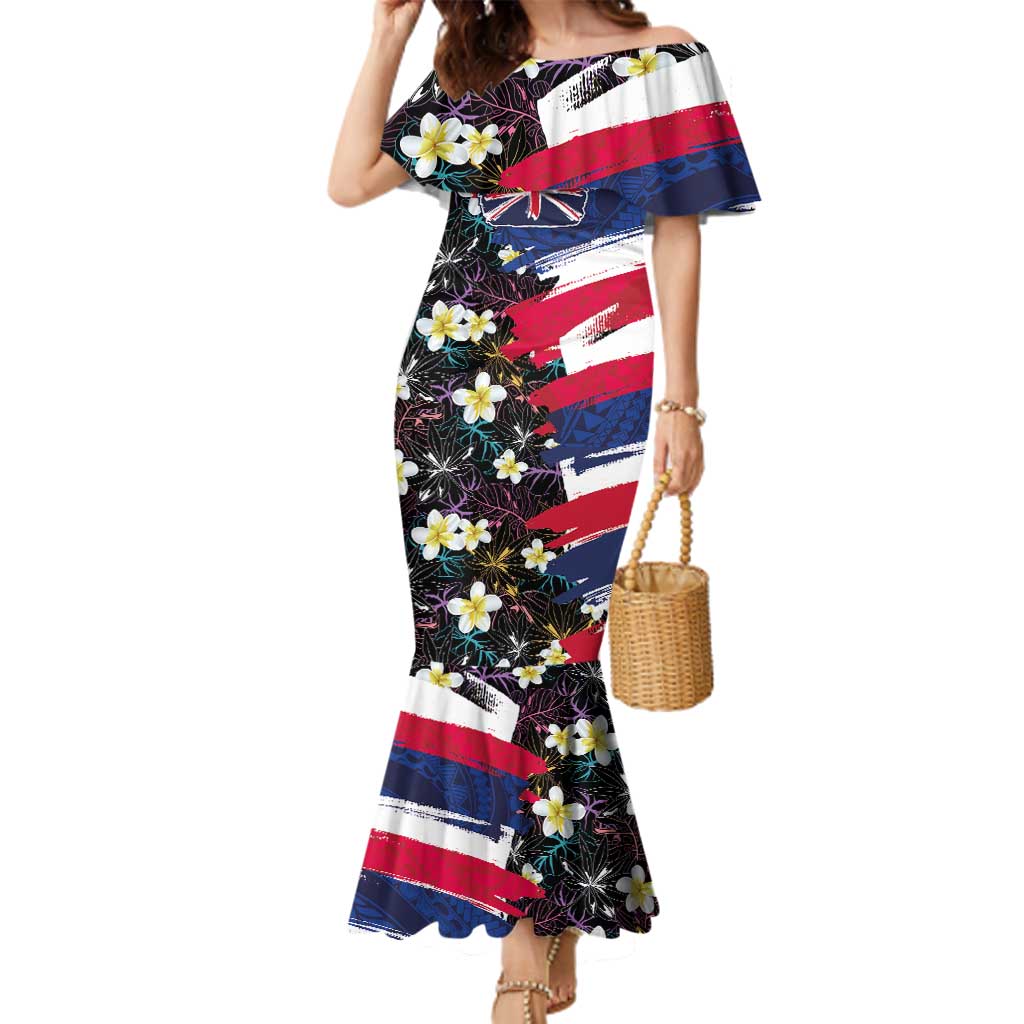 Hawaiian Flag Day Family Matching Mermaid Dress and Hawaiian Shirt Tropical Flowers and Leaves LT03 Mom's Dress Black - Polynesian Pride