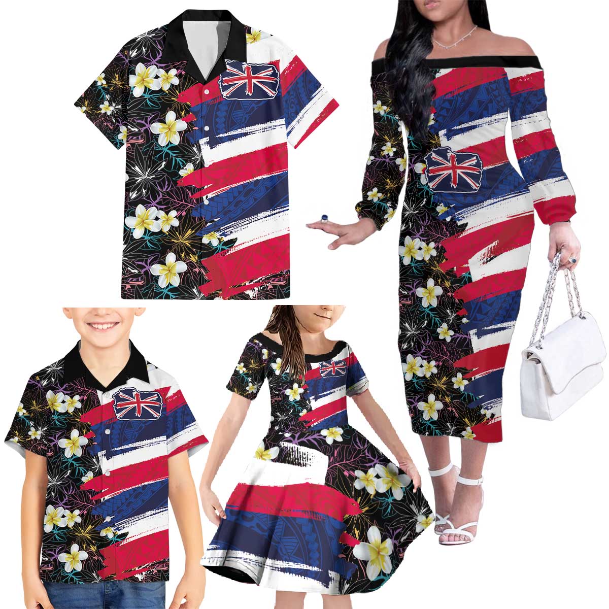 Hawaiian Flag Day Family Matching Off The Shoulder Long Sleeve Dress and Hawaiian Shirt Tropical Flowers and Leaves LT03 - Polynesian Pride