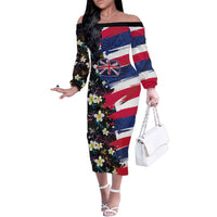 Hawaiian Flag Day Family Matching Off The Shoulder Long Sleeve Dress and Hawaiian Shirt Tropical Flowers and Leaves LT03 Mom's Dress Black - Polynesian Pride