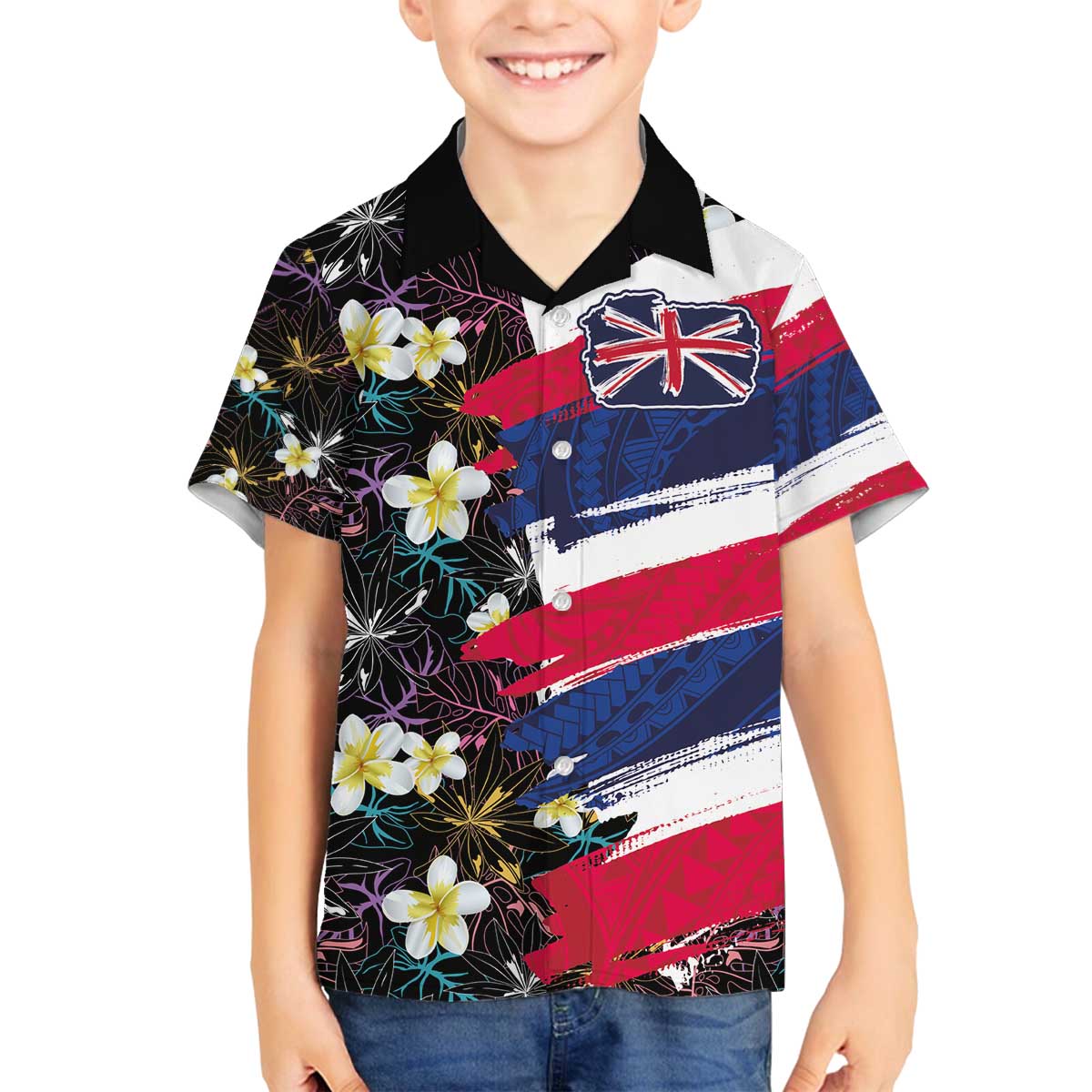 Hawaiian Flag Day Family Matching Off The Shoulder Long Sleeve Dress and Hawaiian Shirt Tropical Flowers and Leaves LT03 Son's Shirt Black - Polynesian Pride