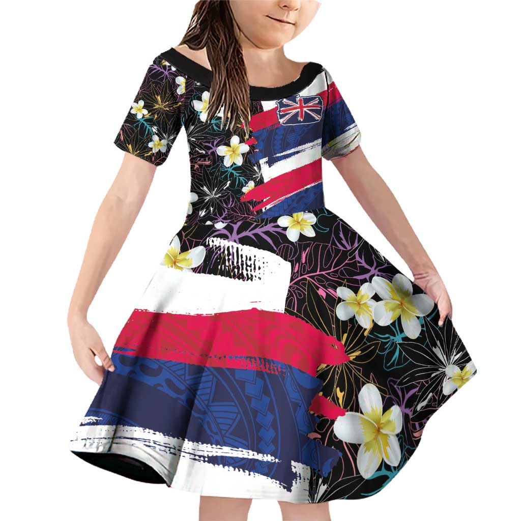 Hawaiian Flag Day Family Matching Off Shoulder Short Dress and Hawaiian Shirt Tropical Flowers and Leaves LT03 Daughter's Dress Black - Polynesian Pride