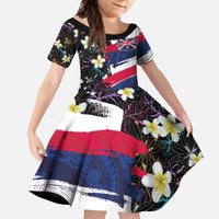 Hawaiian Flag Day Kid Short Sleeve Dress Tropical Flowers and Leaves