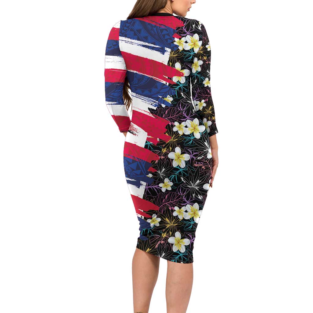 Hawaiian Flag Day Long Sleeve Bodycon Dress Tropical Flowers and Leaves