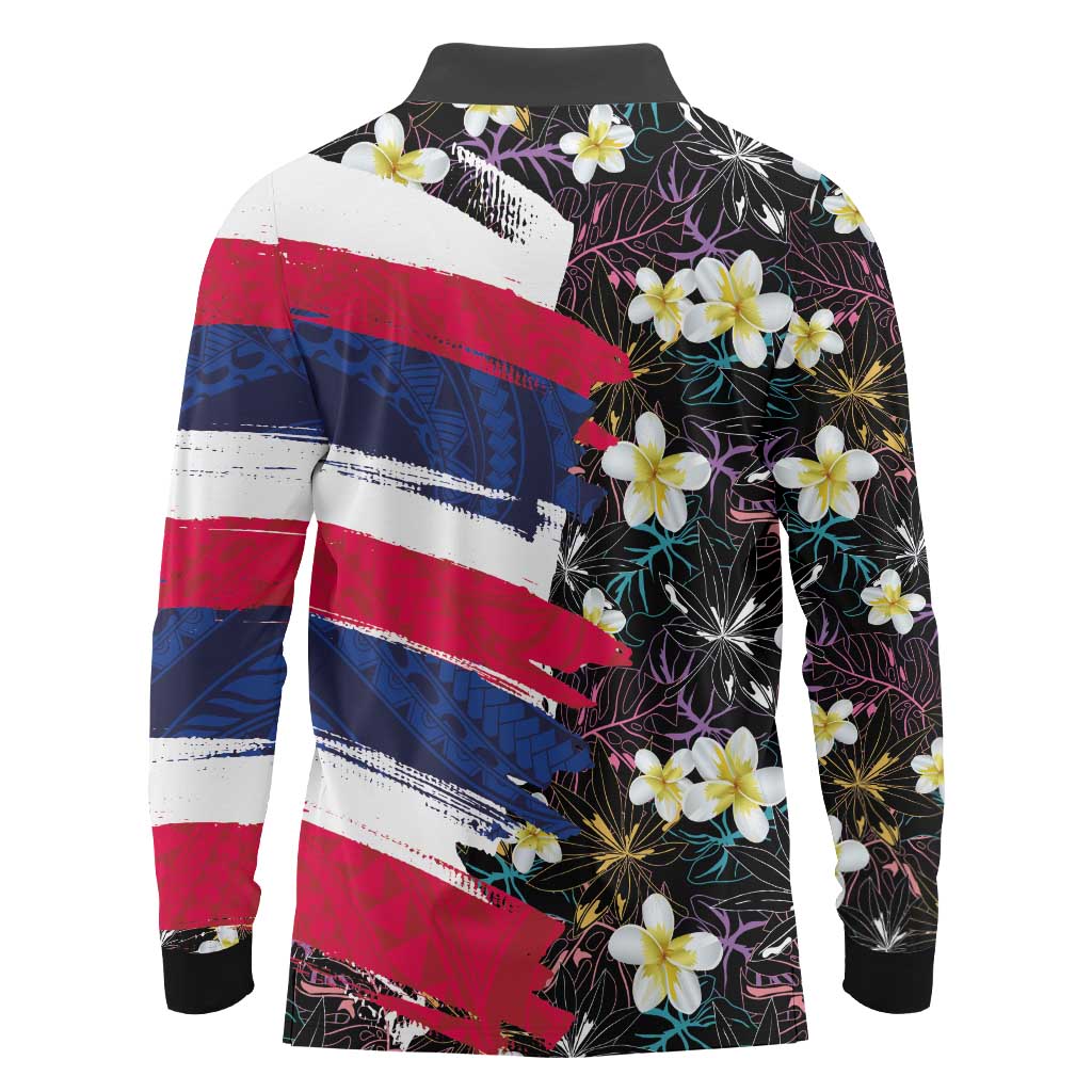 Hawaiian Flag Day Long Sleeve Polo Shirt Tropical Flowers and Leaves