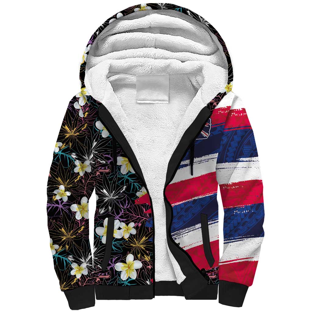 Hawaiian Flag Day Sherpa Hoodie Tropical Flowers and Leaves