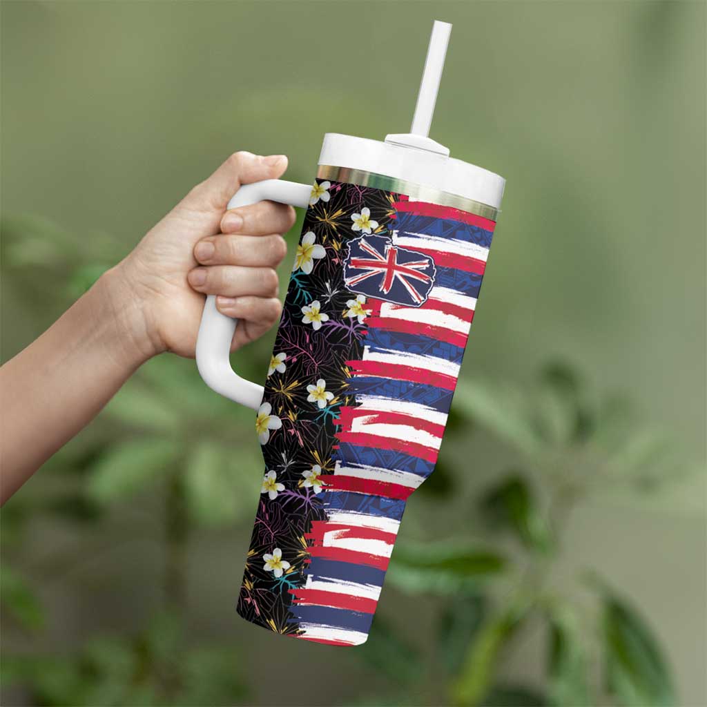 Hawaiian Flag Day Tumbler With Handle Tropical Flowers and Leaves
