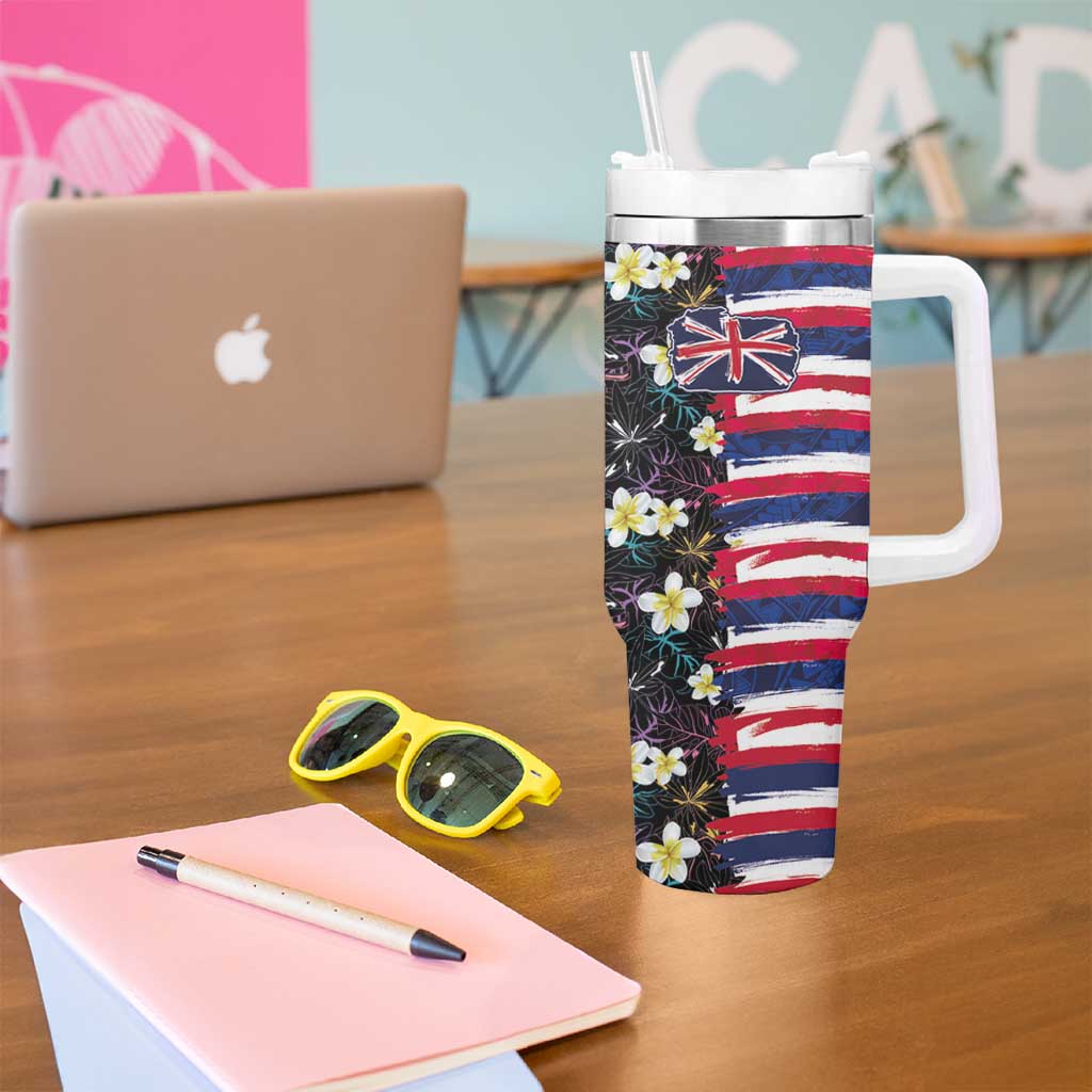Hawaiian Flag Day Tumbler With Handle Tropical Flowers and Leaves