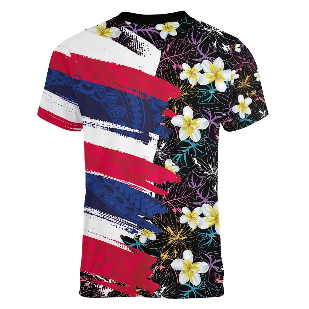 Hawaiian Flag Day Women V-Neck T-Shirt Tropical Flowers and Leaves