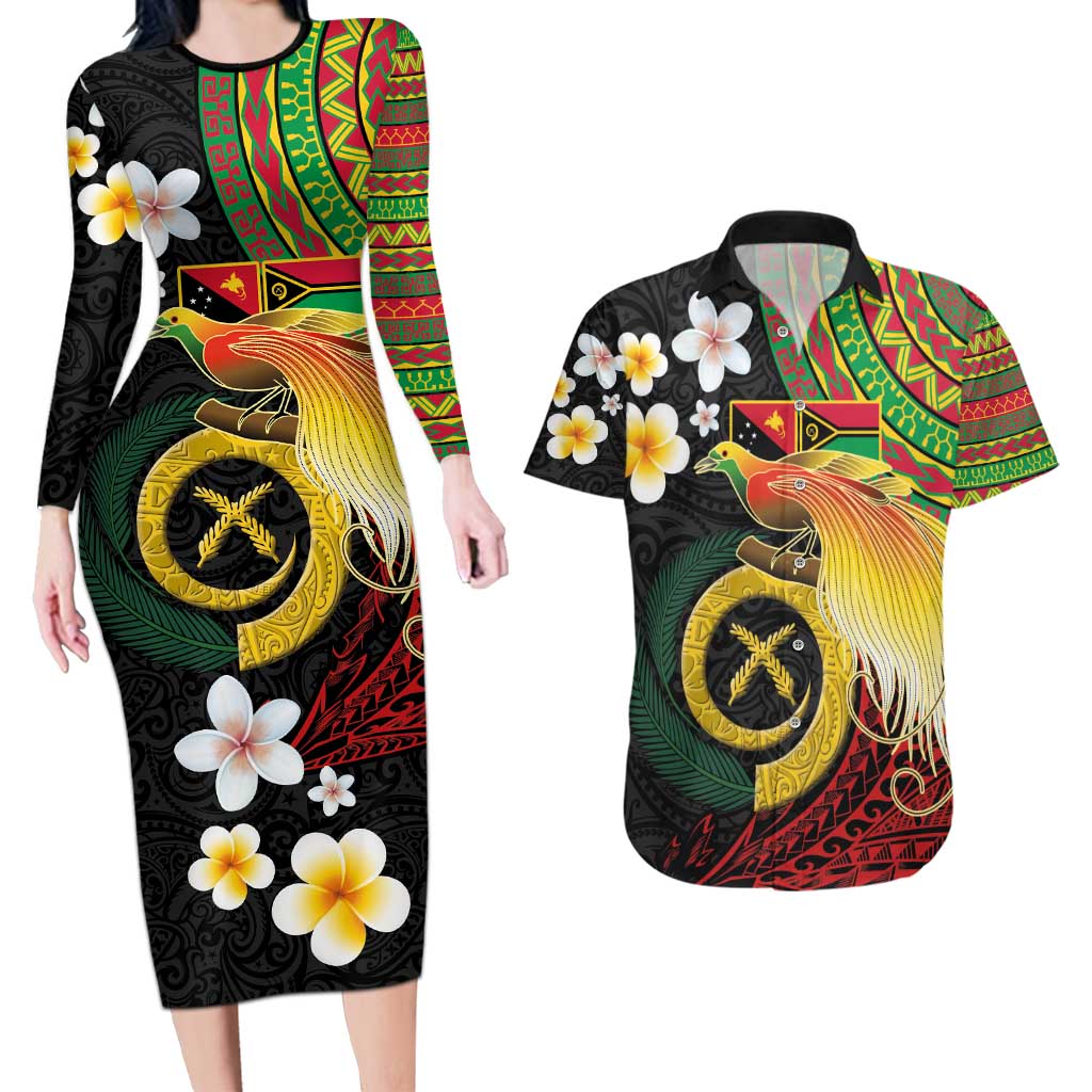 Vanuatu and Papua New Guinea Together Couples Matching Long Sleeve Bodycon Dress and Hawaiian Shirt Bird-of-paradise and Pig Tusk Melanesian Pattern LT03 Black - Polynesian Pride