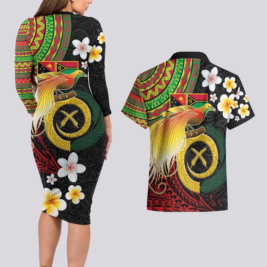 Vanuatu and Papua New Guinea Together Couples Matching Long Sleeve Bodycon Dress and Hawaiian Shirt Bird-of-paradise and Pig Tusk Melanesian Pattern LT03 - Polynesian Pride