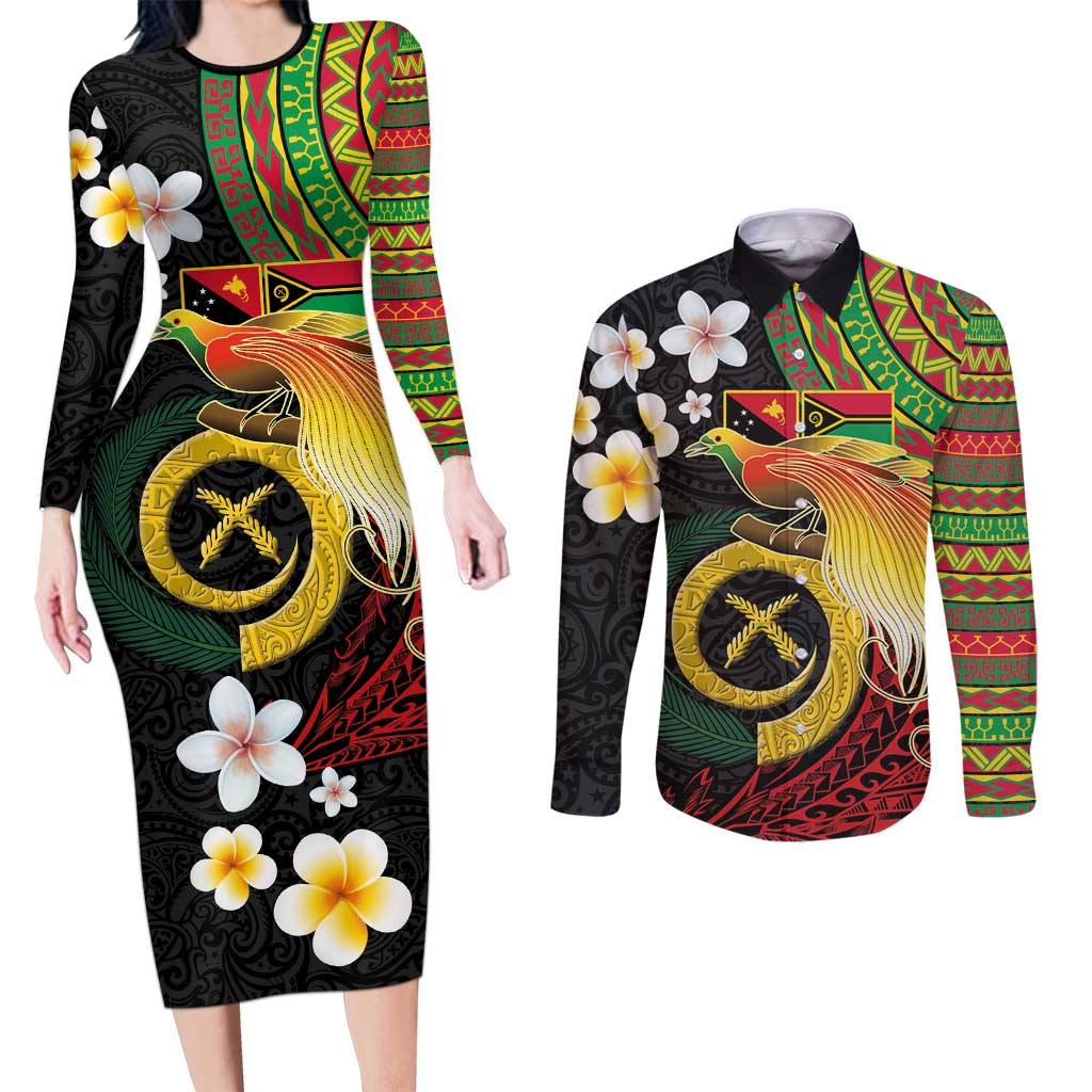 Vanuatu and Papua New Guinea Together Couples Matching Long Sleeve Bodycon Dress and Long Sleeve Button Shirt Bird-of-paradise and Pig Tusk Melanesian Pattern LT03 Black - Polynesian Pride