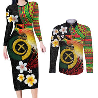Vanuatu and Papua New Guinea Together Couples Matching Long Sleeve Bodycon Dress and Long Sleeve Button Shirt Bird-of-paradise and Pig Tusk Melanesian Pattern LT03 Black - Polynesian Pride