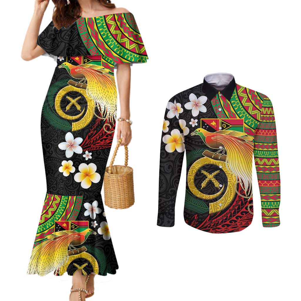 Vanuatu and Papua New Guinea Together Couples Matching Mermaid Dress and Long Sleeve Button Shirt Bird-of-paradise and Pig Tusk Melanesian Pattern LT03 Black - Polynesian Pride