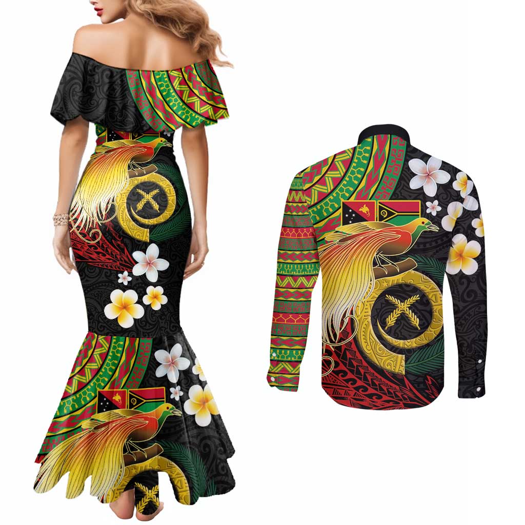 Vanuatu and Papua New Guinea Together Couples Matching Mermaid Dress and Long Sleeve Button Shirt Bird-of-paradise and Pig Tusk Melanesian Pattern LT03 - Polynesian Pride