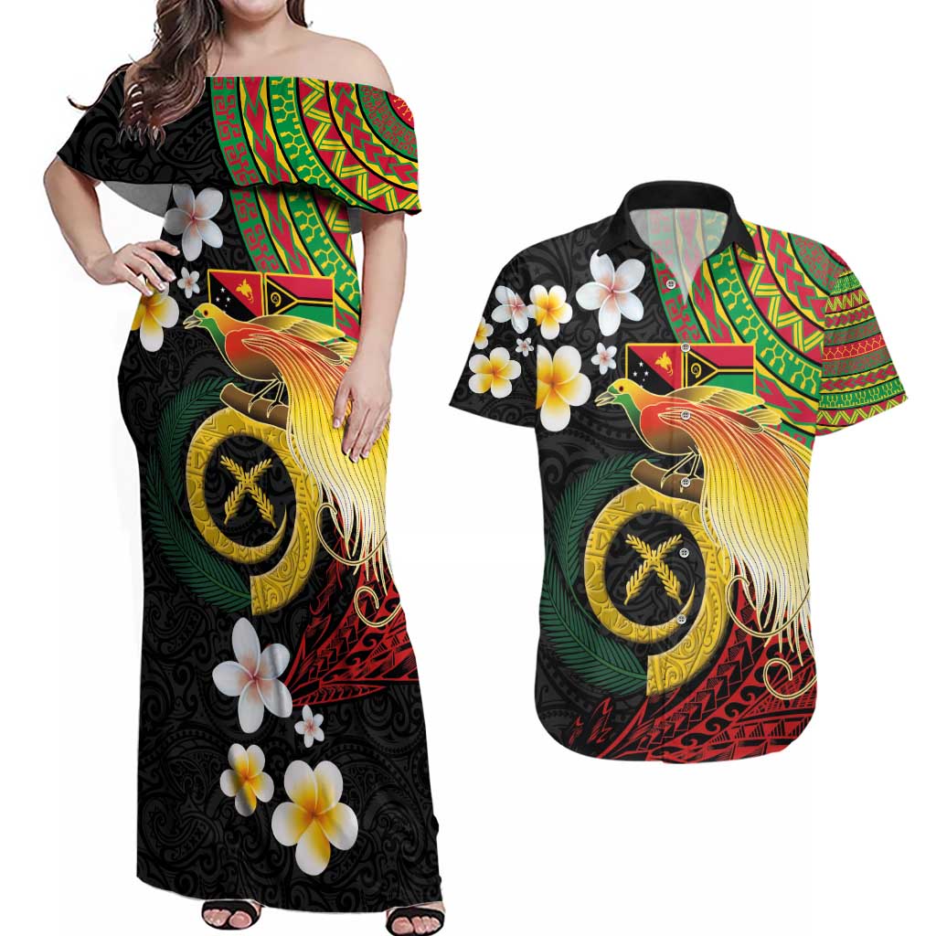Vanuatu and Papua New Guinea Together Couples Matching Off Shoulder Maxi Dress and Hawaiian Shirt Bird-of-paradise and Pig Tusk Melanesian Pattern LT03 Black - Polynesian Pride