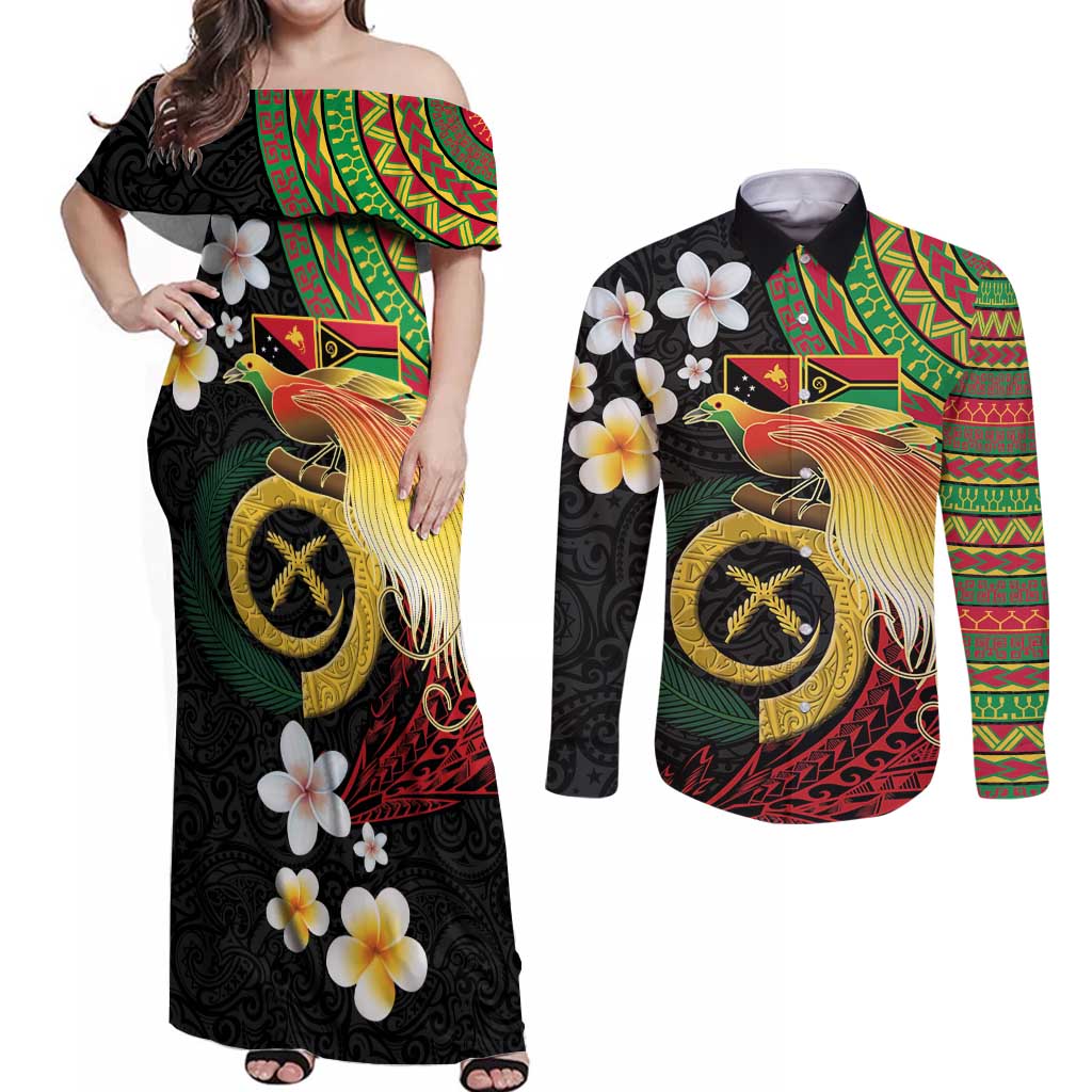 Vanuatu and Papua New Guinea Together Couples Matching Off Shoulder Maxi Dress and Long Sleeve Button Shirt Bird-of-paradise and Pig Tusk Melanesian Pattern LT03 Black - Polynesian Pride
