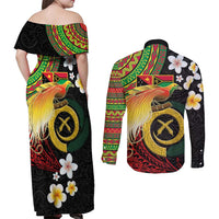 Vanuatu and Papua New Guinea Together Couples Matching Off Shoulder Maxi Dress and Long Sleeve Button Shirt Bird-of-paradise and Pig Tusk Melanesian Pattern LT03 - Polynesian Pride