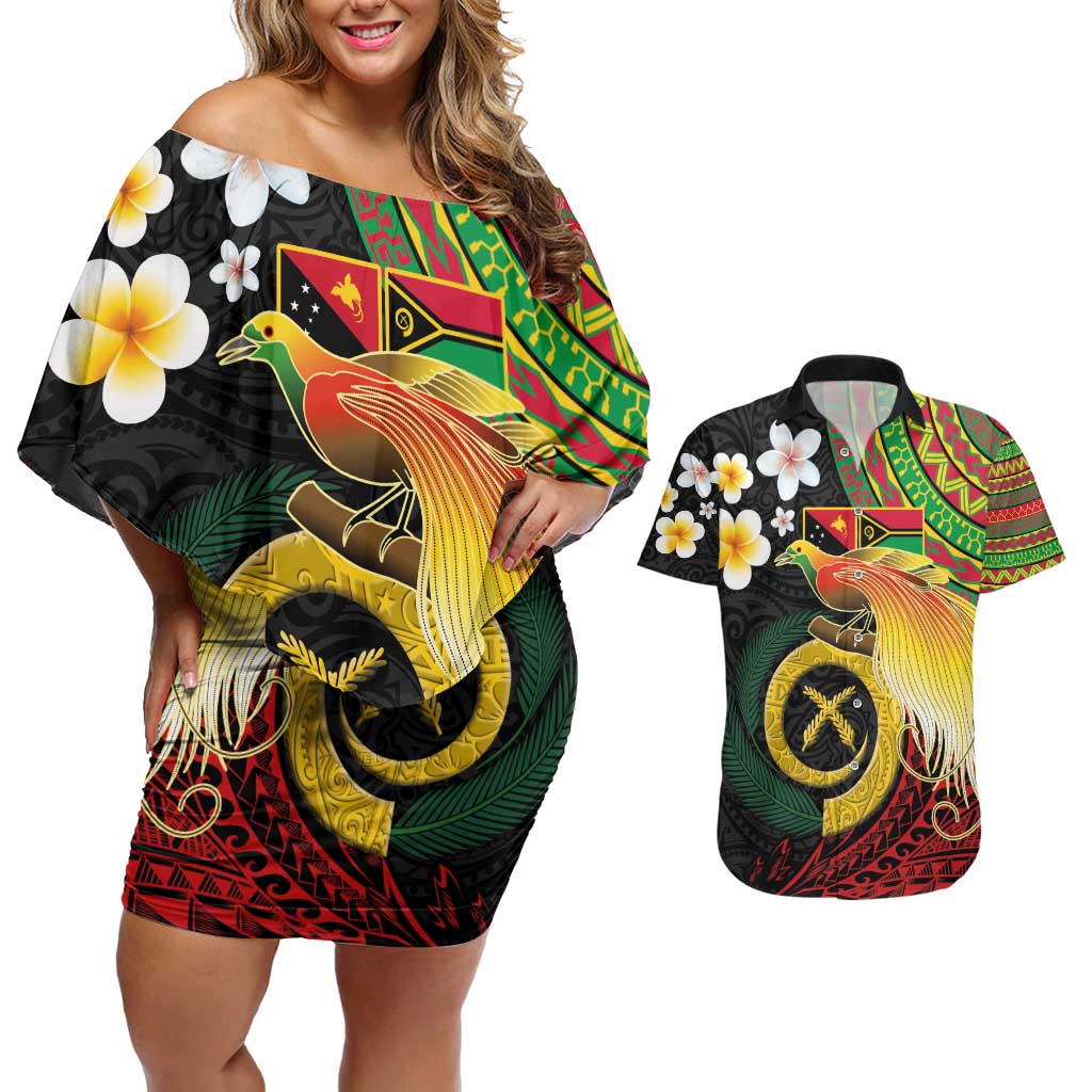 Vanuatu and Papua New Guinea Together Couples Matching Off Shoulder Short Dress and Hawaiian Shirt Bird-of-paradise and Pig Tusk Melanesian Pattern LT03 Black - Polynesian Pride