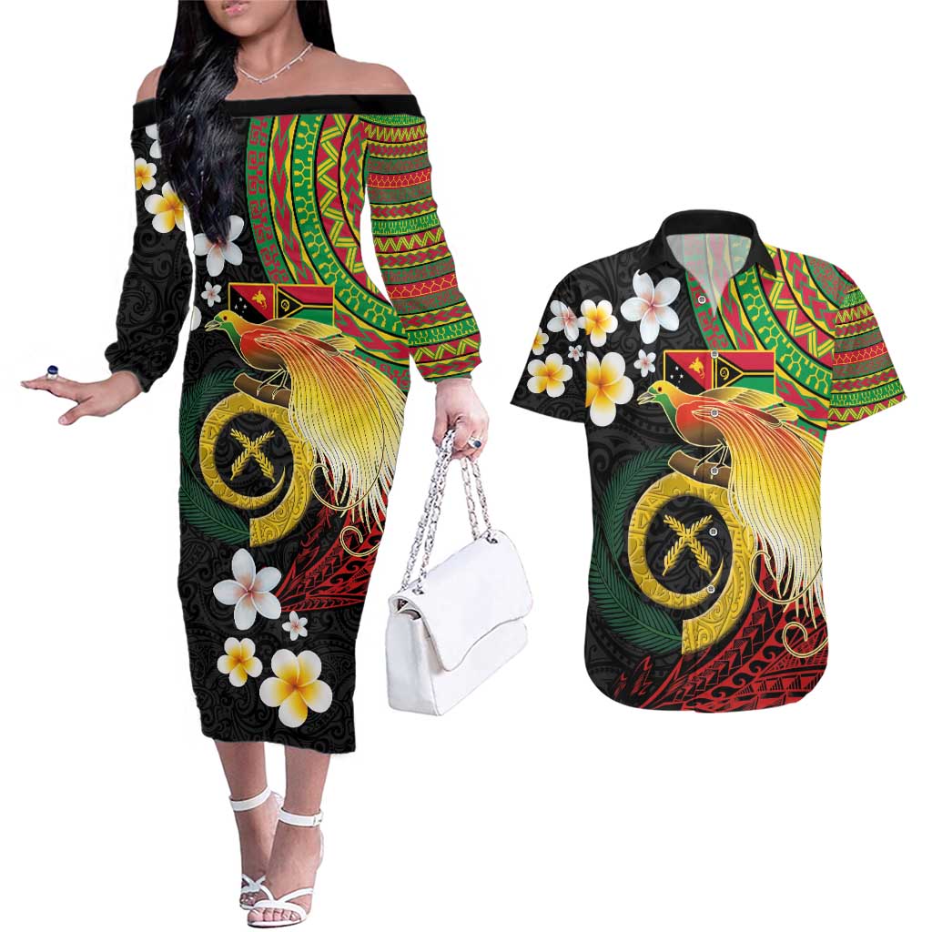 Vanuatu and Papua New Guinea Together Couples Matching Off The Shoulder Long Sleeve Dress and Hawaiian Shirt Bird-of-paradise and Pig Tusk Melanesian Pattern LT03 Black - Polynesian Pride