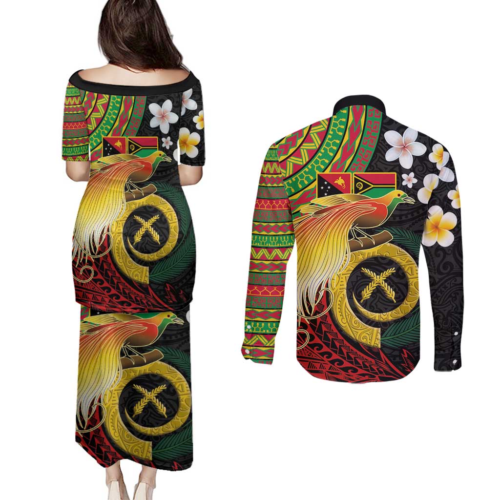 Vanuatu and Papua New Guinea Together Couples Matching Puletasi and Long Sleeve Button Shirt Bird-of-paradise and Pig Tusk Melanesian Pattern LT03 - Polynesian Pride