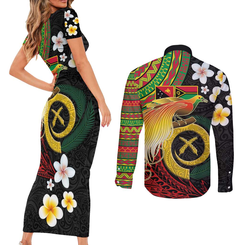 Vanuatu and Papua New Guinea Together Couples Matching Short Sleeve Bodycon Dress and Long Sleeve Button Shirt Bird-of-paradise and Pig Tusk Melanesian Pattern LT03 - Polynesian Pride