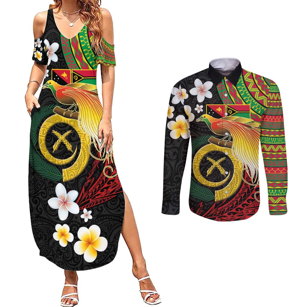 Vanuatu and Papua New Guinea Together Couples Matching Summer Maxi Dress and Long Sleeve Button Shirt Bird-of-paradise and Pig Tusk Melanesian Pattern LT03 Black - Polynesian Pride
