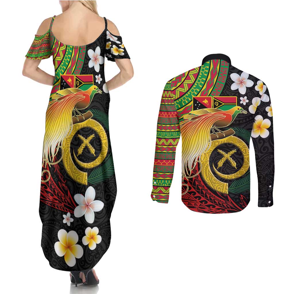 Vanuatu and Papua New Guinea Together Couples Matching Summer Maxi Dress and Long Sleeve Button Shirt Bird-of-paradise and Pig Tusk Melanesian Pattern LT03 - Polynesian Pride
