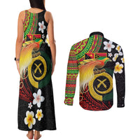 Vanuatu and Papua New Guinea Together Couples Matching Tank Maxi Dress and Long Sleeve Button Shirt Bird-of-paradise and Pig Tusk Melanesian Pattern LT03 - Polynesian Pride