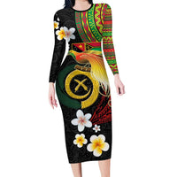 Vanuatu and Papua New Guinea Together Family Matching Long Sleeve Bodycon Dress and Hawaiian Shirt Bird-of-paradise and Pig Tusk Melanesian Pattern LT03 Mom's Dress Black - Polynesian Pride