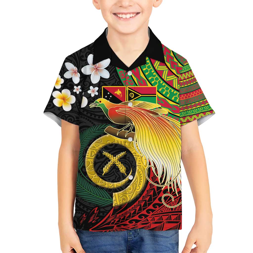 Vanuatu and Papua New Guinea Together Family Matching Long Sleeve Bodycon Dress and Hawaiian Shirt Bird-of-paradise and Pig Tusk Melanesian Pattern LT03 Son's Shirt Black - Polynesian Pride
