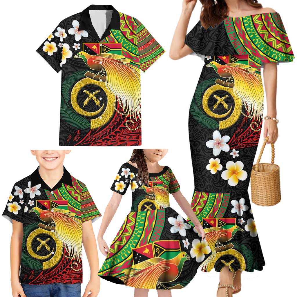 Vanuatu and Papua New Guinea Together Family Matching Mermaid Dress and Hawaiian Shirt Bird-of-paradise and Pig Tusk Melanesian Pattern LT03 - Polynesian Pride