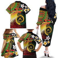 Vanuatu and Papua New Guinea Together Family Matching Off The Shoulder Long Sleeve Dress and Hawaiian Shirt Bird-of-paradise and Pig Tusk Melanesian Pattern LT03 - Polynesian Pride