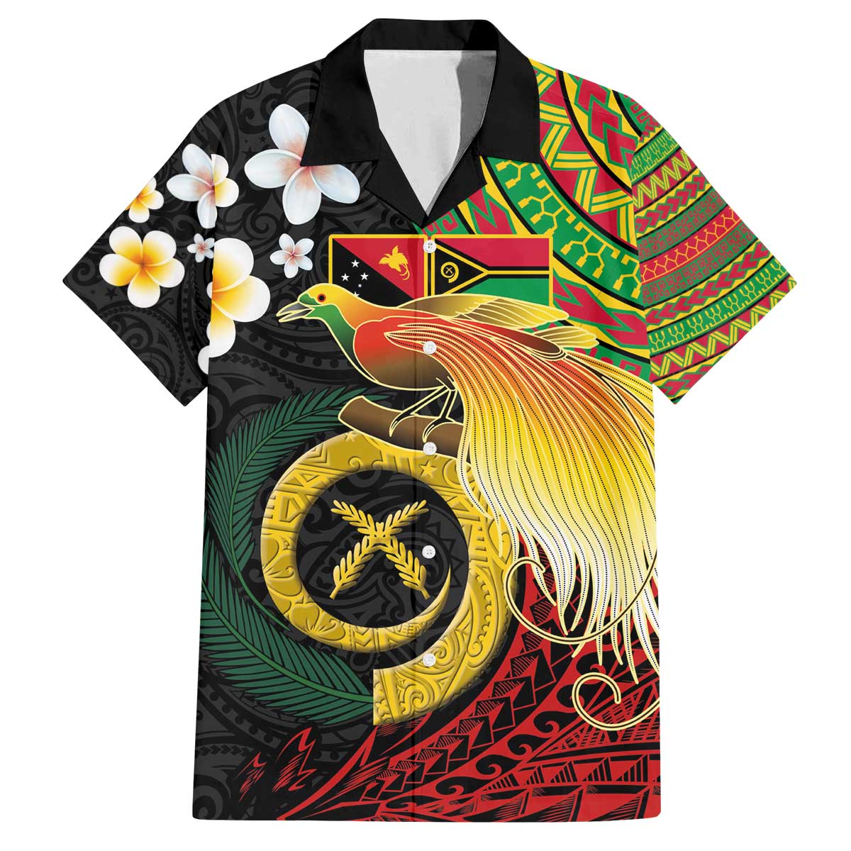 Vanuatu and Papua New Guinea Together Family Matching Off The Shoulder Long Sleeve Dress and Hawaiian Shirt Bird-of-paradise and Pig Tusk Melanesian Pattern LT03 Dad's Shirt - Short Sleeve Black - Polynesian Pride