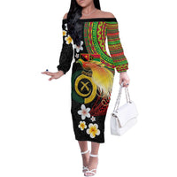 Vanuatu and Papua New Guinea Together Family Matching Off The Shoulder Long Sleeve Dress and Hawaiian Shirt Bird-of-paradise and Pig Tusk Melanesian Pattern LT03 Mom's Dress Black - Polynesian Pride