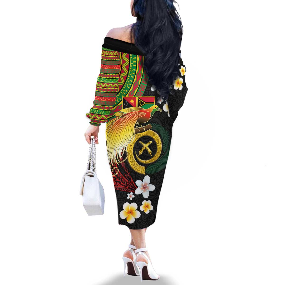 Vanuatu and Papua New Guinea Together Family Matching Off The Shoulder Long Sleeve Dress and Hawaiian Shirt Bird-of-paradise and Pig Tusk Melanesian Pattern LT03 - Polynesian Pride